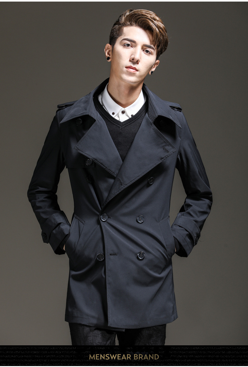 2018秋季男士风衣长款西装领翻领韩版修身款外套英伦风双排扣风衣