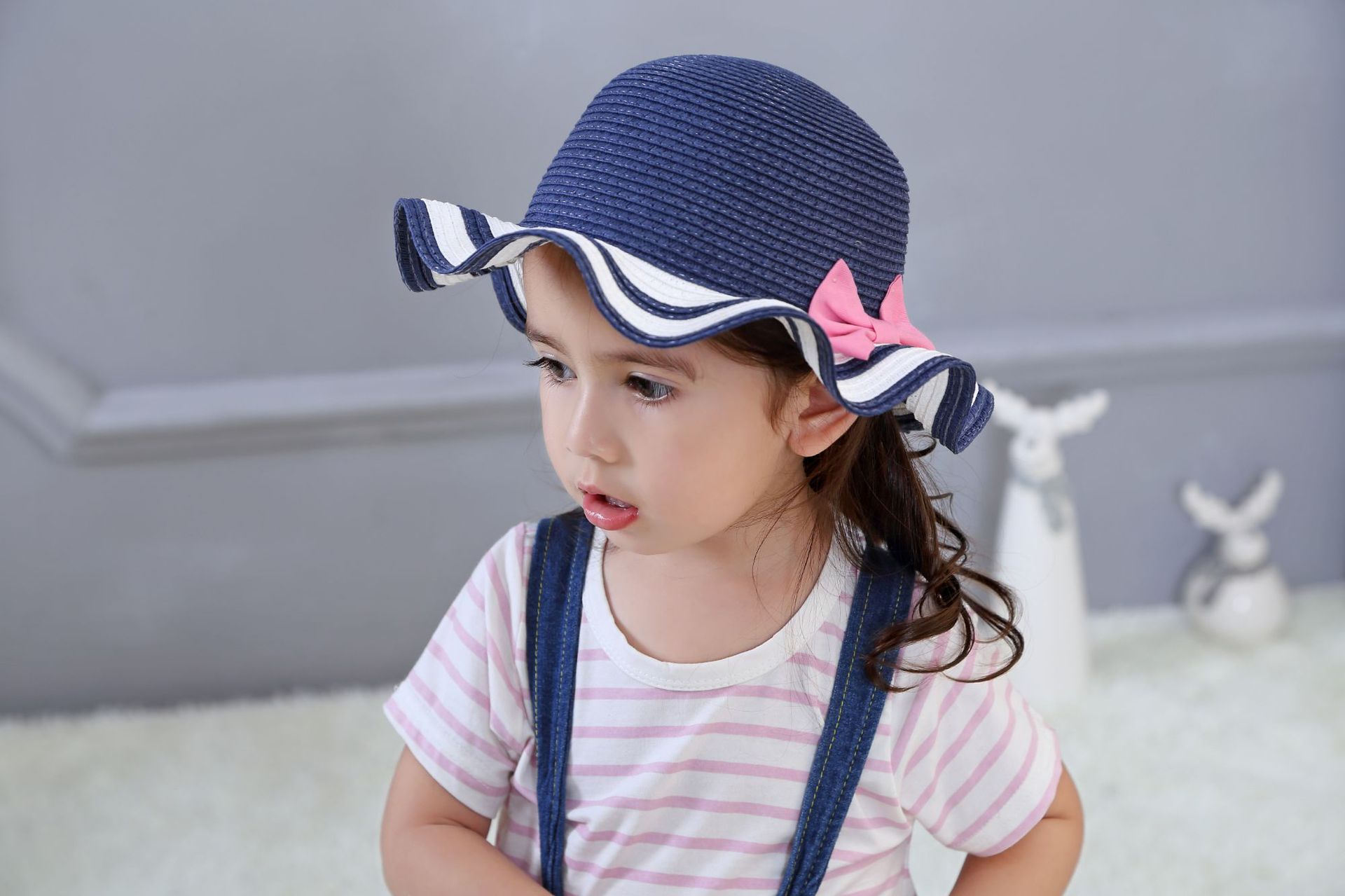 外贸欧美藏青条纹玫红大蝴蝶结儿童草帽童太阳帽童帽
