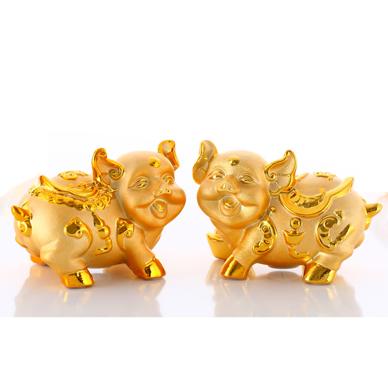 批发金色陶瓷摆件金猪存钱罐成对储蓄罐招财纳福大号中号工艺品