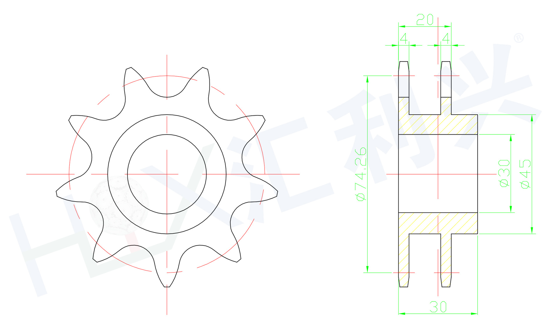组装线张紧装置链轮-2.5倍速链轮【节距25.4 】9齿倍速链轮