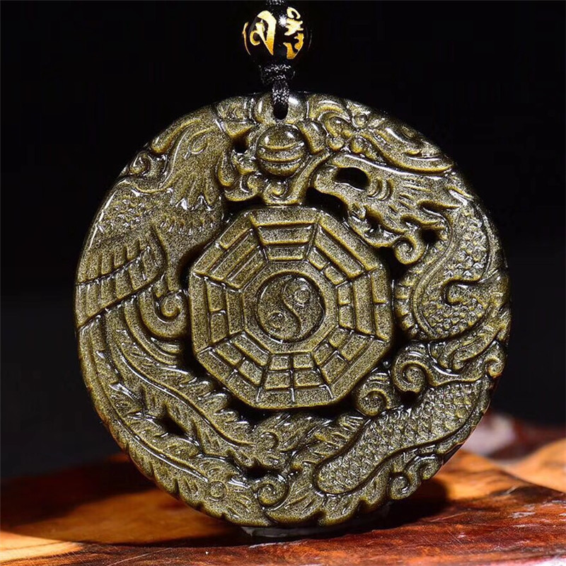 东海节高水晶天然金曜石龙凤八卦牌吊坠男女时尚珠链项链批发