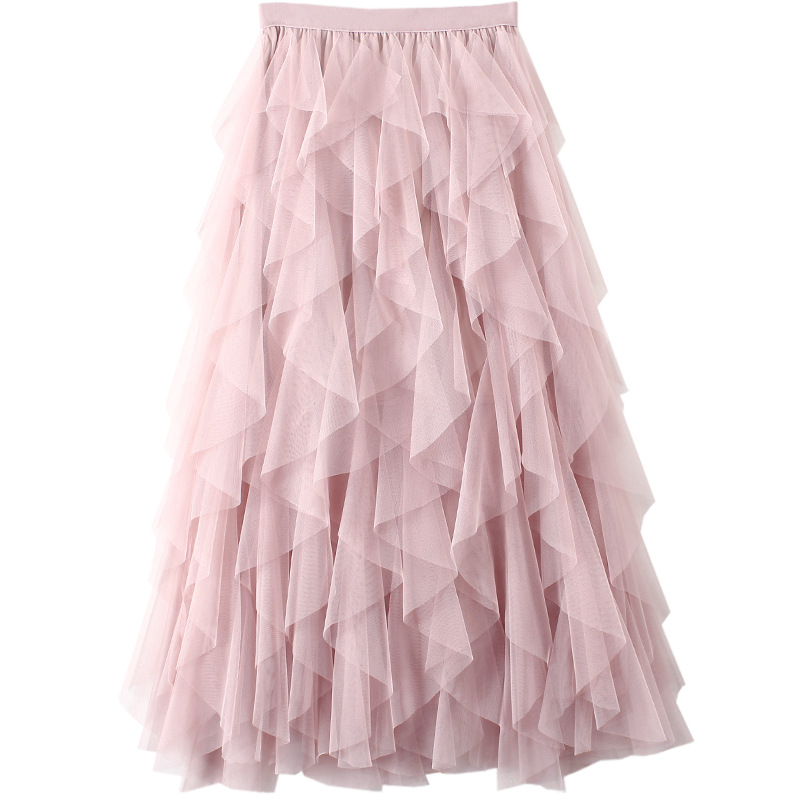 Spring 2023 Korean Style Elastic Waistband Fashionable All-Match Slimming Mesh Stitching Irregular Mid-Length High Waist Skirt