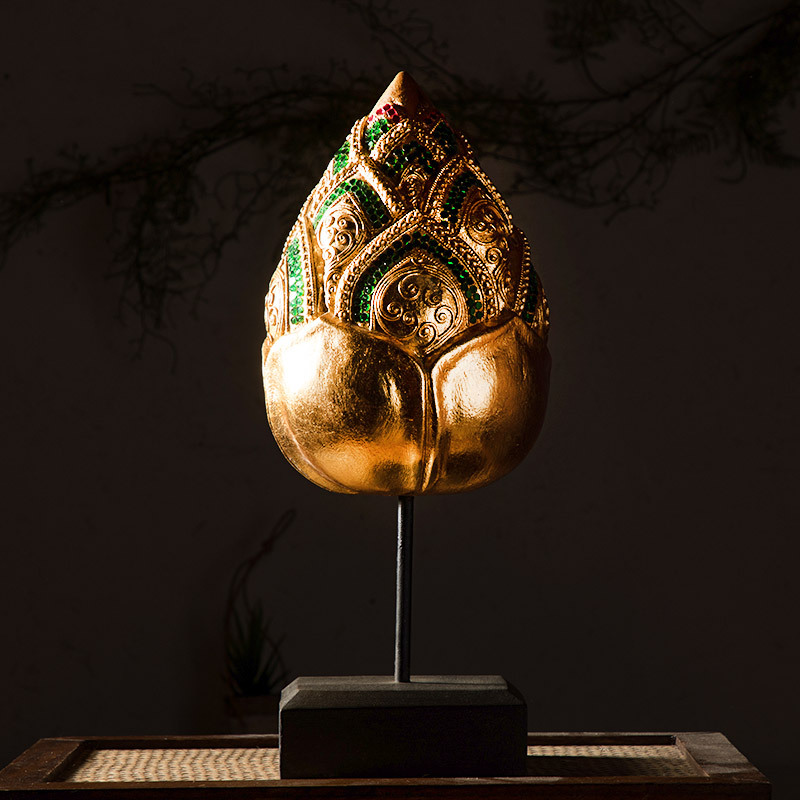 泰国实木工艺品东南亚家居客厅会所酒店装饰招财金箔莲花荷花摆件