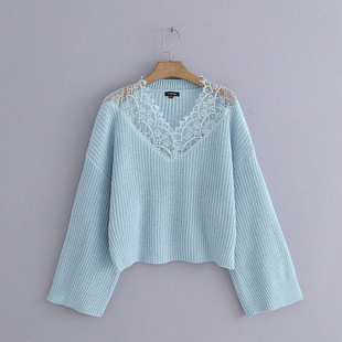 代发2018秋冬款女装新品领口蕾丝拼接宽袖v领套头毛衣女式