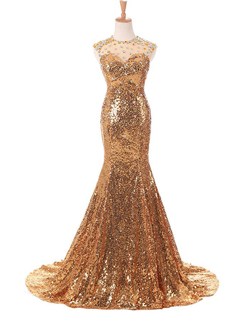 外贸速卖通亚马逊鱼尾抹胸亮片晚礼服钉珠修身显瘦表演主持礼服裙