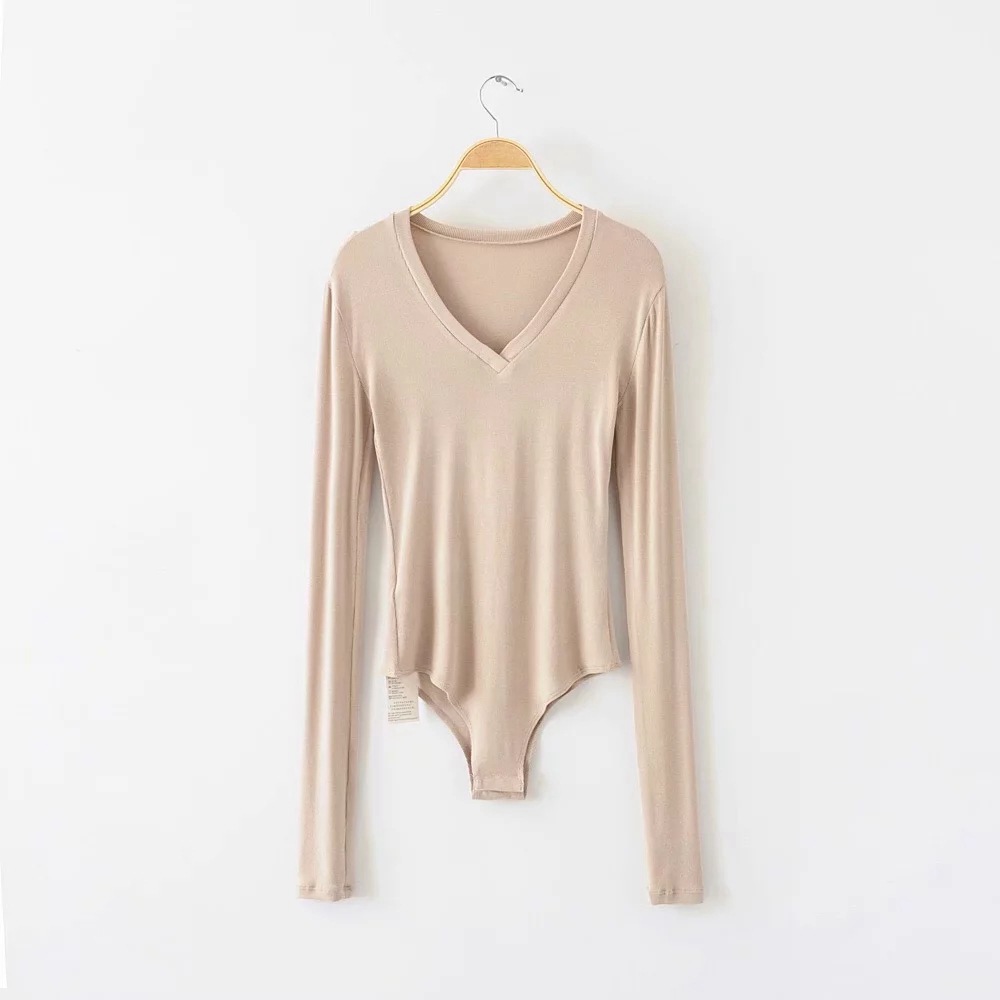 2018秋冬套头v字领长袖修身显瘦连体打底衫女装