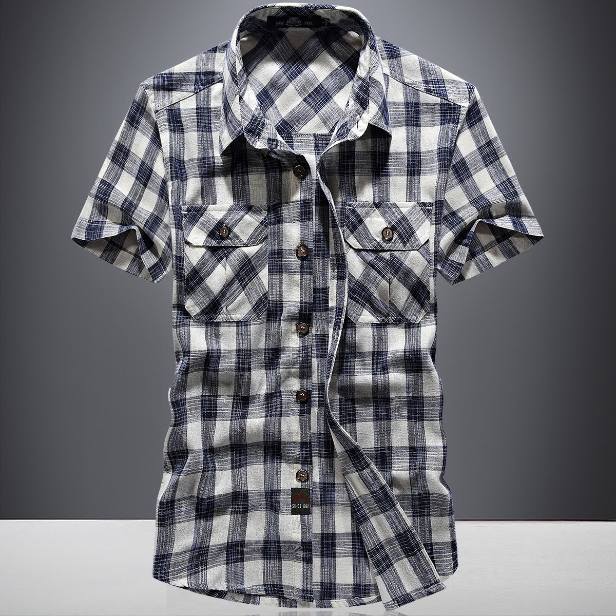 夏季短袖衬衫男士休闲几何格子衬衣大码宽松青年寸衫韩版潮流帅气