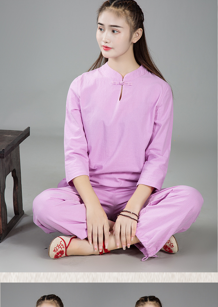新款亚麻瑜伽服套装禅修居士太极服健身套装女一件代发