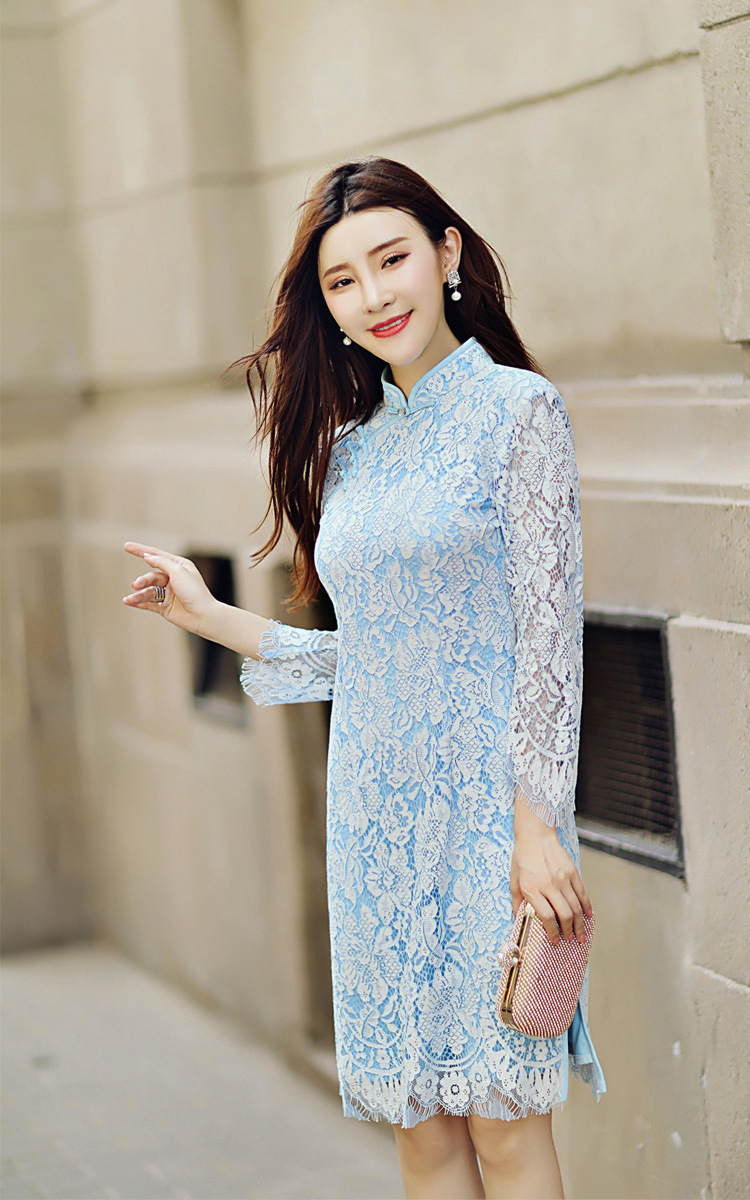 浅蓝唯美文艺气质唐装旗袍裙 改良时尚长袖修身蕾丝中式立领旗袍