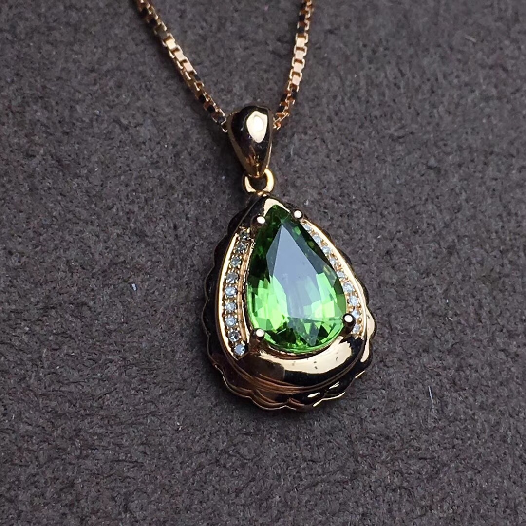 欧美简约水滴形巴西天然绿碧玺吊坠 18k玫瑰金镶嵌彩色宝石项链女