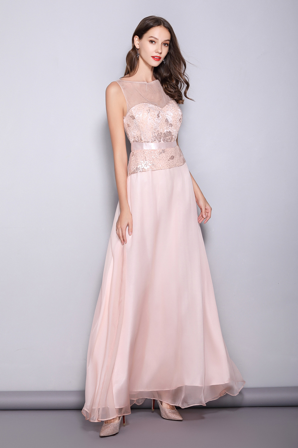 婚礼服欧美外贸无袖长款蕾丝雪纺婚礼伴娘裙晚礼服主持人大合唱女