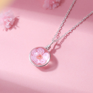 原创日系粉色玻璃樱花925纯银项链女韩版简约学生森系chic锁骨链