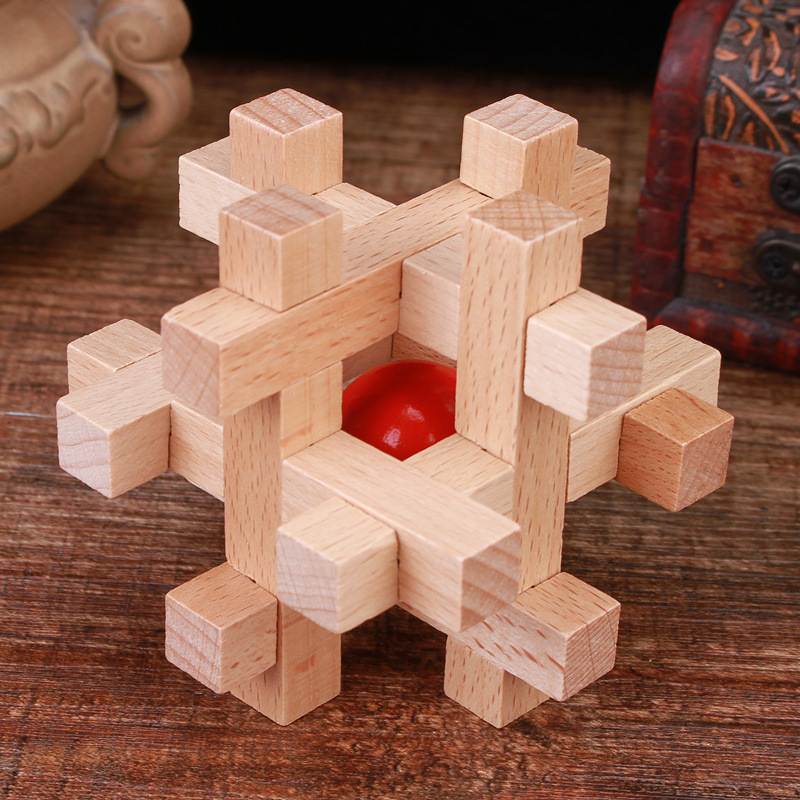 榉木笼中取红球 经典益智鲁班锁成人儿童解锁木制玩具拆装孔明锁