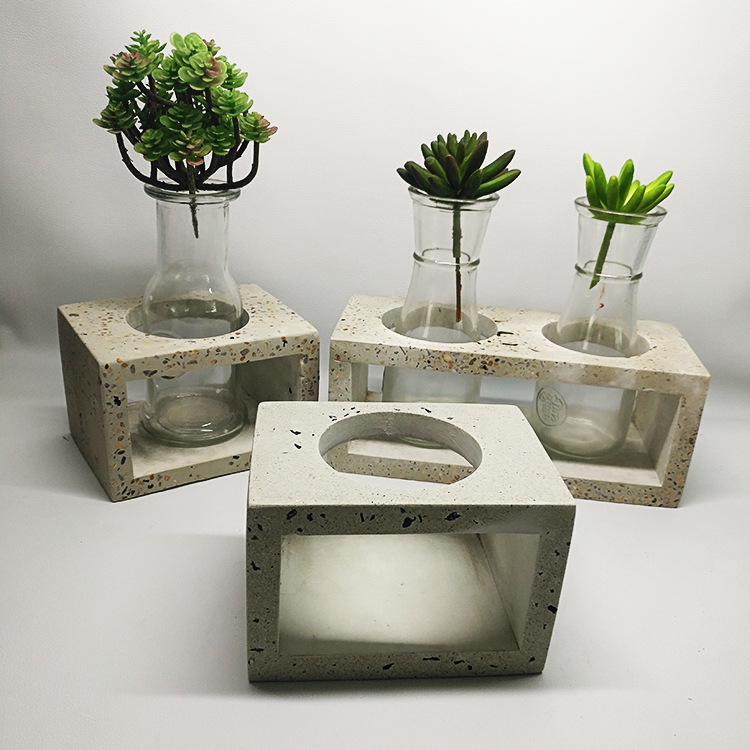 水泥花盆带玻璃水泥花插水泥工艺品水磨石花盆花石子效果厂家定制