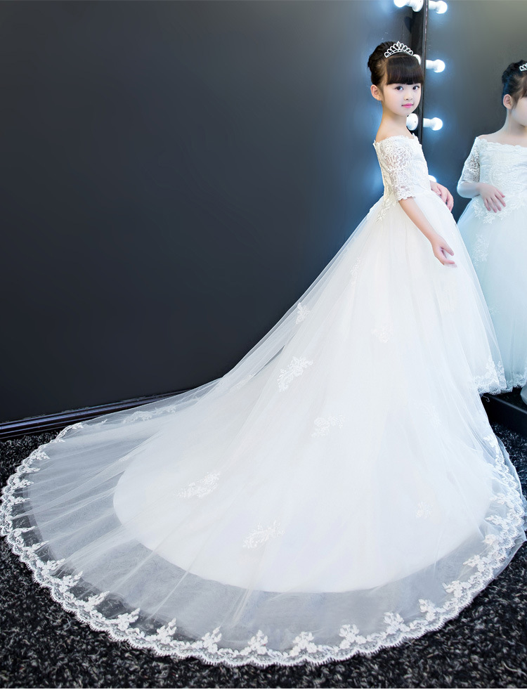 小孩儿童婚纱礼服拖尾裙超长花童钢琴女童走秀主持人演出服公主裙