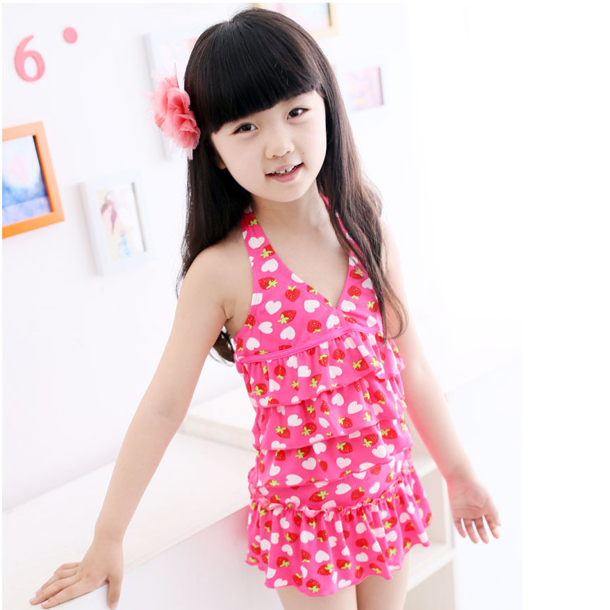 草莓爱心系列韩国公主裙式女童泳衣分体儿童泳装中大童游泳衣2379