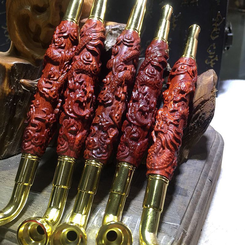 血檀木质雕刻烟杆老式直杆弯头烟枪红木实木循环型烟具批发