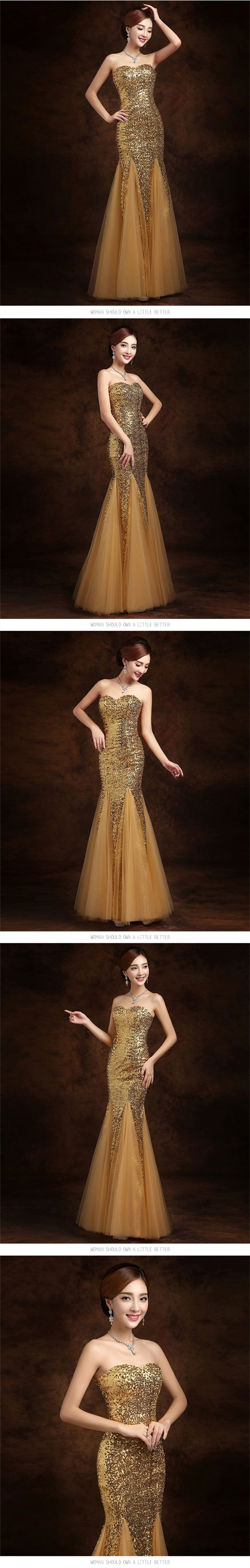 速卖通抹胸露背晚礼服修身鱼尾裙长款亮片网纱多色宴会伴娘服礼服