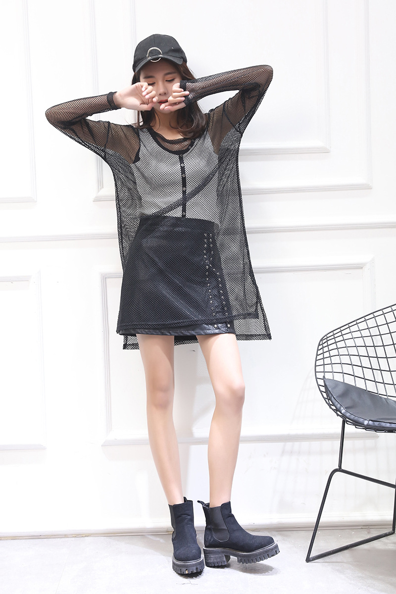 2018夏新款ol气质连衣裙透视网格打底衫女长袖薄款镂空渔网上衣