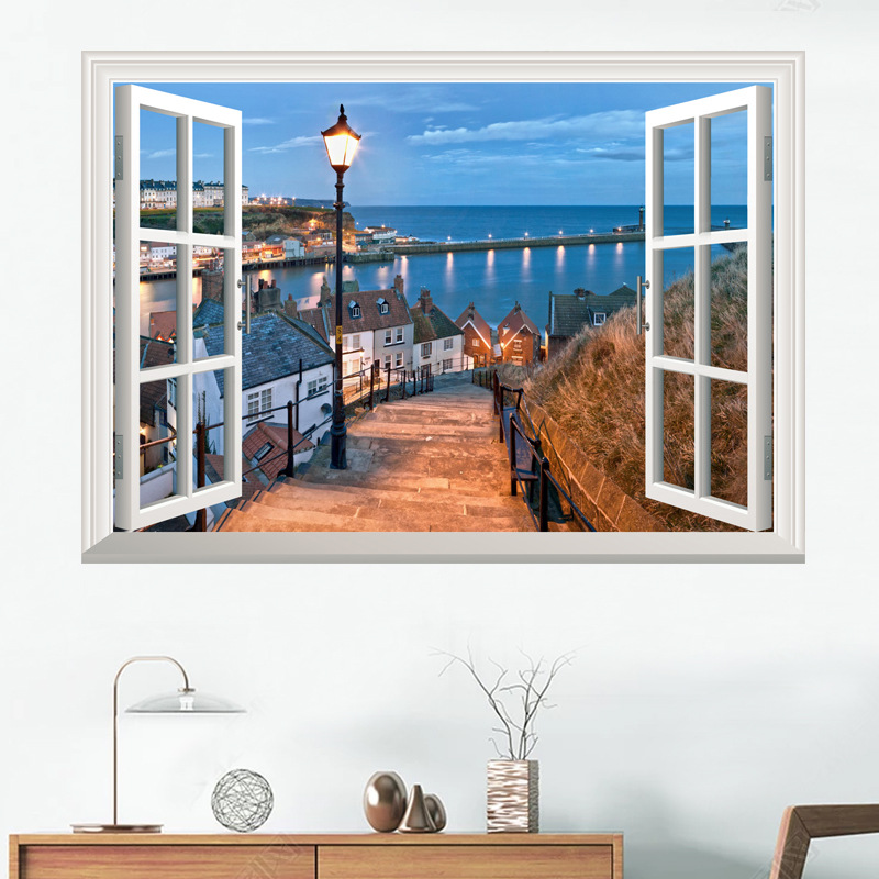 外贸小规格窗户贴纸风景装饰假窗贴花乡间村庄速卖通跨境专供5703