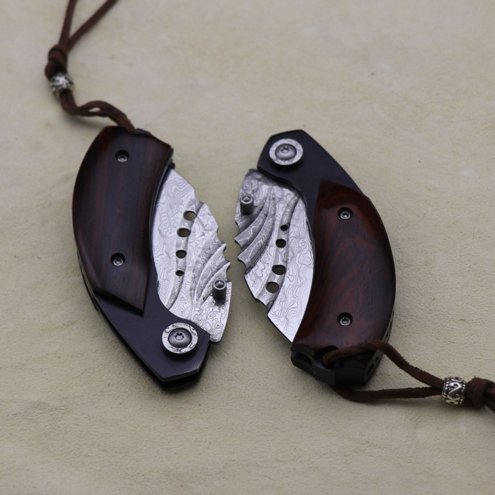 小魔翼户外精品小折刀随身野营战术求生折叠刀大马士革钢刀手工作