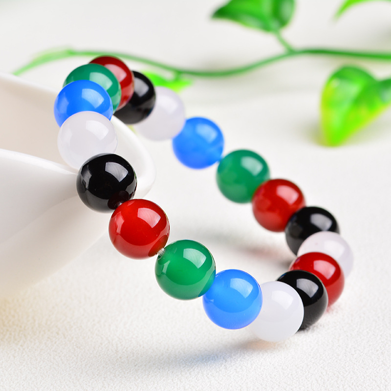 玉器工艺品 玉石巴西玉髓玛瑙五彩珠手链 女款手串饰品玉石批发