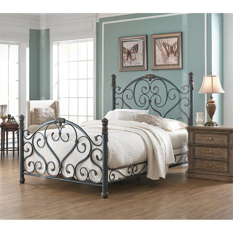 欧式田园 现代铁艺床钢木床简约双人床铁床铁架床大床 家具