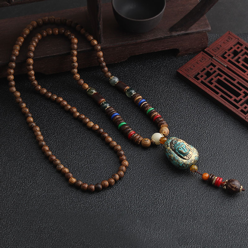 All-Match Ethnic Sweater Chain Long Retro Necklace Female Nepal Pendant Wooden Bead Pendant Scenic Spot Accessories Factory