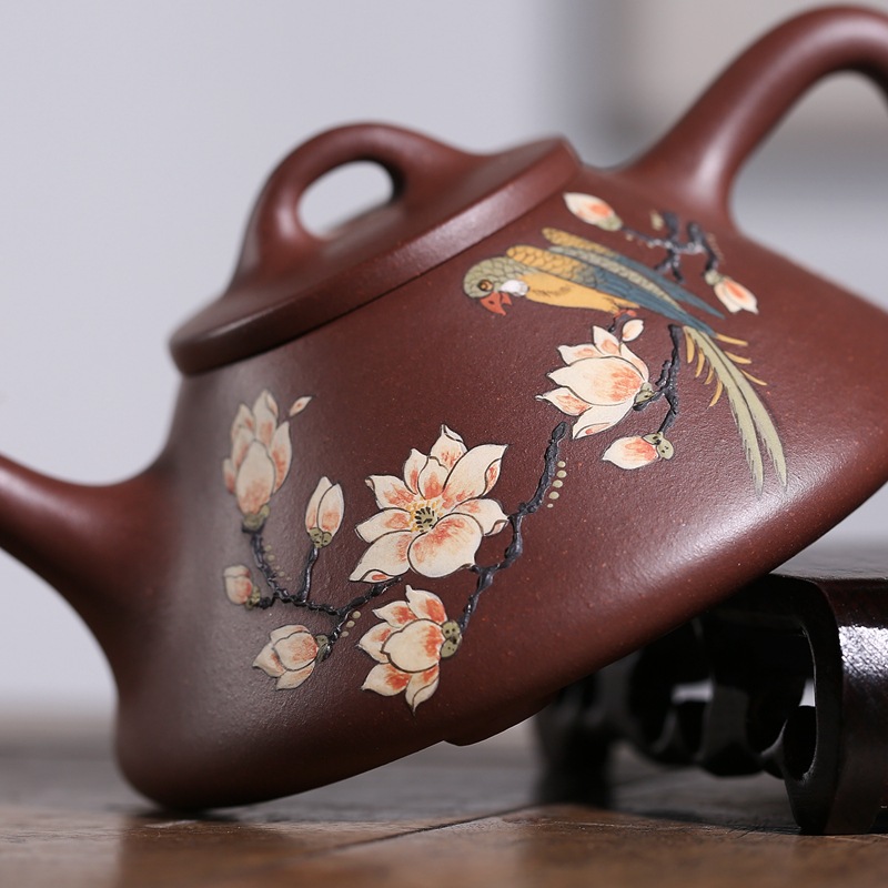 宜兴丁蜀镇紫砂壶 名家全手工泥绘石瓢紫砂壶 双工合作 收藏佳品