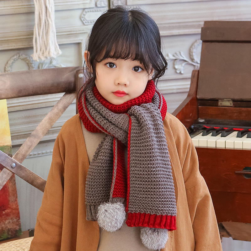 秋冬新品兔毛毛球保暖围巾毛线儿童围巾韩版男女宝宝针织围脖批发