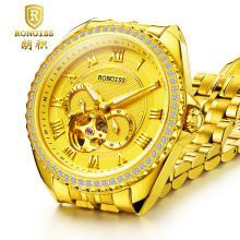 朗积黄金手表多功能防水金表陀飞轮全自动机械镂空金色男士手表