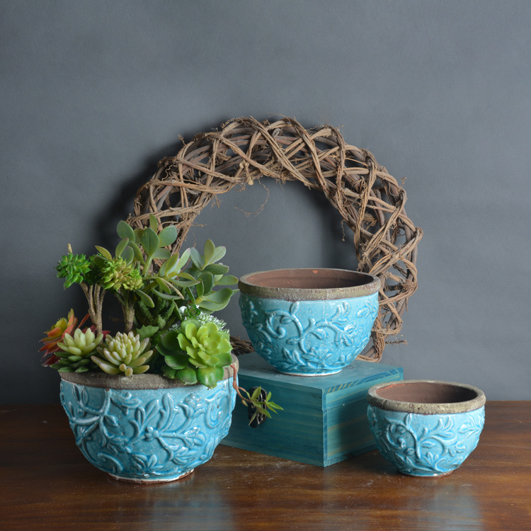 美式乡村手工粗陶瓷落地宽口花盆欧式家居多肉种植园艺盆优惠批发