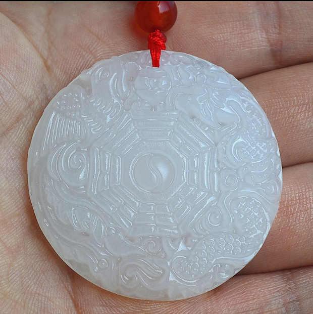 天然阿富汗白玉八卦镜玉坠 玉石八卦图吊坠挂件八卦镜玉佩腰佩饰