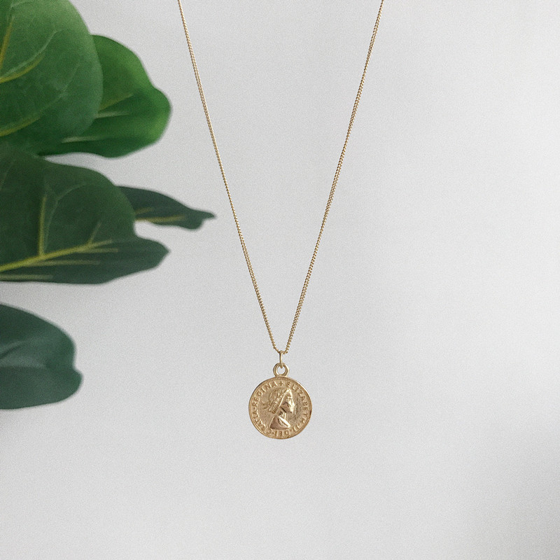 咔诗特 韩国韩版s925纯银 潮流百搭金色六便士钱币气质项链项饰女