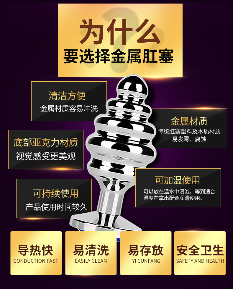 金属肛塞后庭圆滑螺纹小号中号大号不锈钢肛门栓另类玩具同志用具