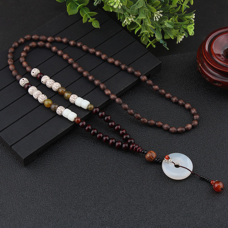 Retro Easy Matching Casual Ethnic Style Wooden Necklace Long Sweater Chain Women's Accessories Cotton and Linen Pendant Men's Agate Pendant