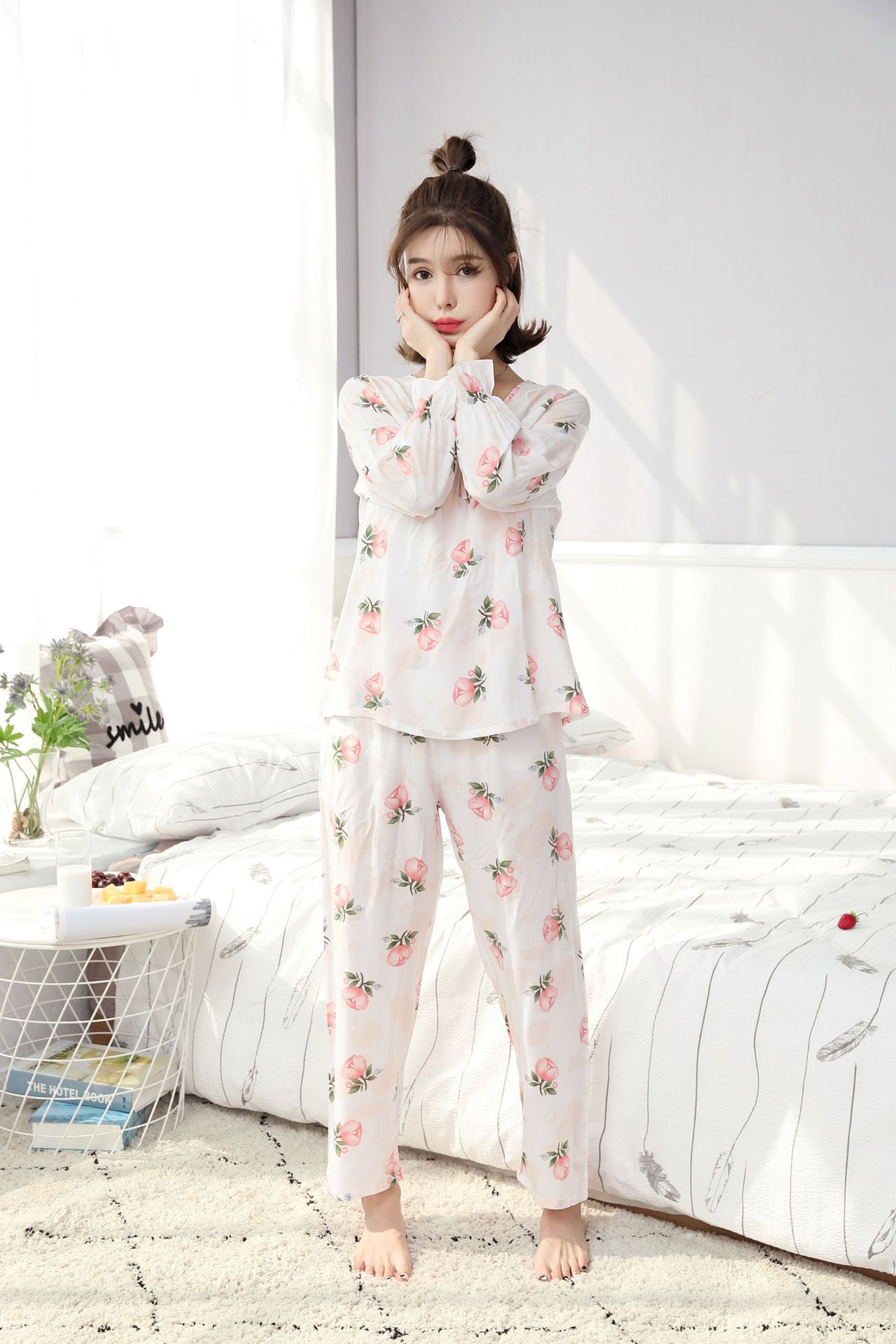 新睡衣女士春夏棉绸大码长袖长裤睡衣套装棉绸家居服