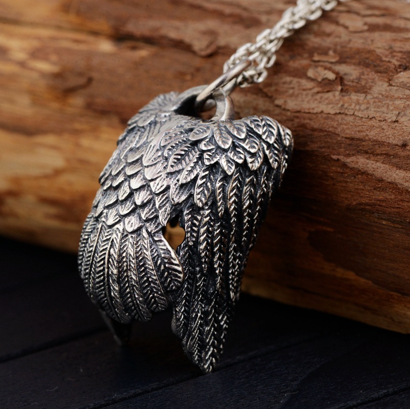 金鹿王 银吊坠 s925银复古工艺 男款老鹰造型银项链 大鹏展翅项坠