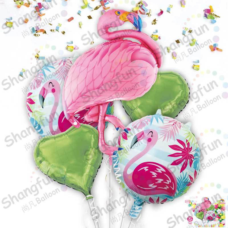 批发火烈鸟5球铝箔套装儿童生日节日婚庆派对装饰精包装铝膜气球