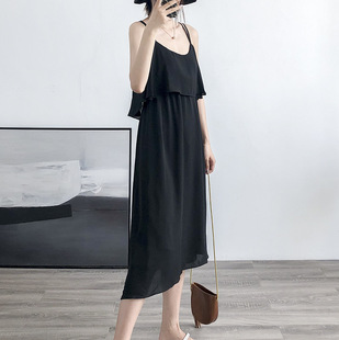 白色吊带性感连衣裙女夏2018新款露背漏背假两件背后交叉露肩长款