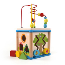 木制儿童小号绕珠百宝箱 宝宝益智串珠四面多功能智力积木盒玩具