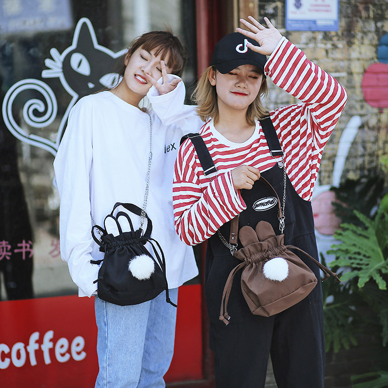 Japanese Style Soft Girl Cute Cartoon Rabbit Ear Messenger Bag Fashion Personality Drawstring Small Bag Funny Fur Ball Shoulder Bag