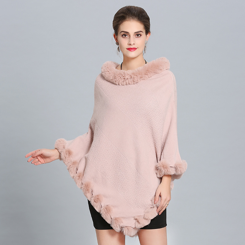 1396# European and American Autumn and Winter New Imitation Fox Fur Collar Imitation Cashmere Knitted Pullover Cloak Shawl Factory Wholesale