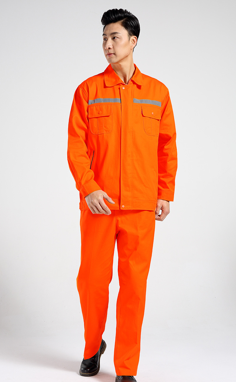 现货供应全棉全工艺春秋长袖桔红色带反光条安全工作服套装厂服