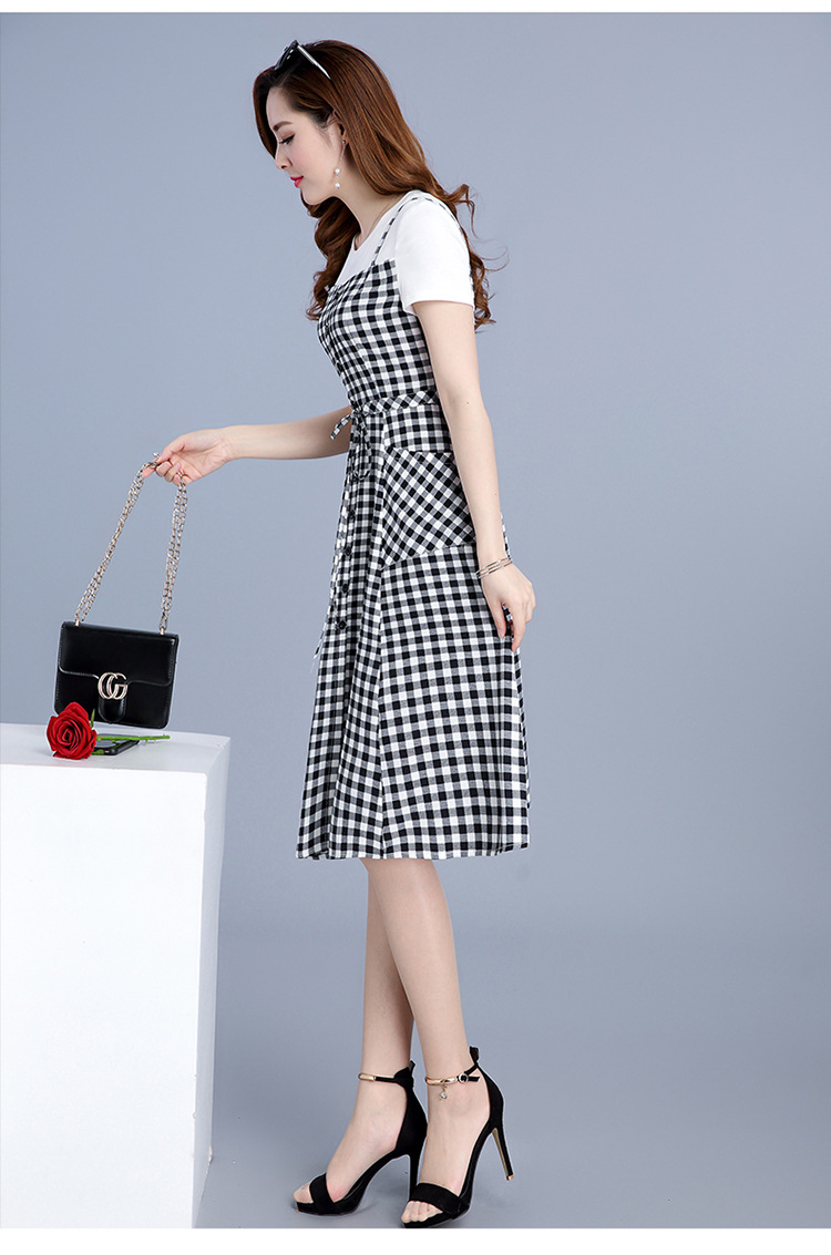 格纹拼接时尚连衣裙2018夏装新款假两件圆领短袖休闲气质a字裙