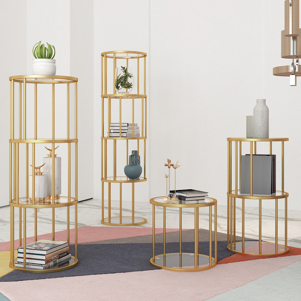 卧室装饰储物架铁艺圆形落地多层置物架创意家用客厅艺术收纳架子