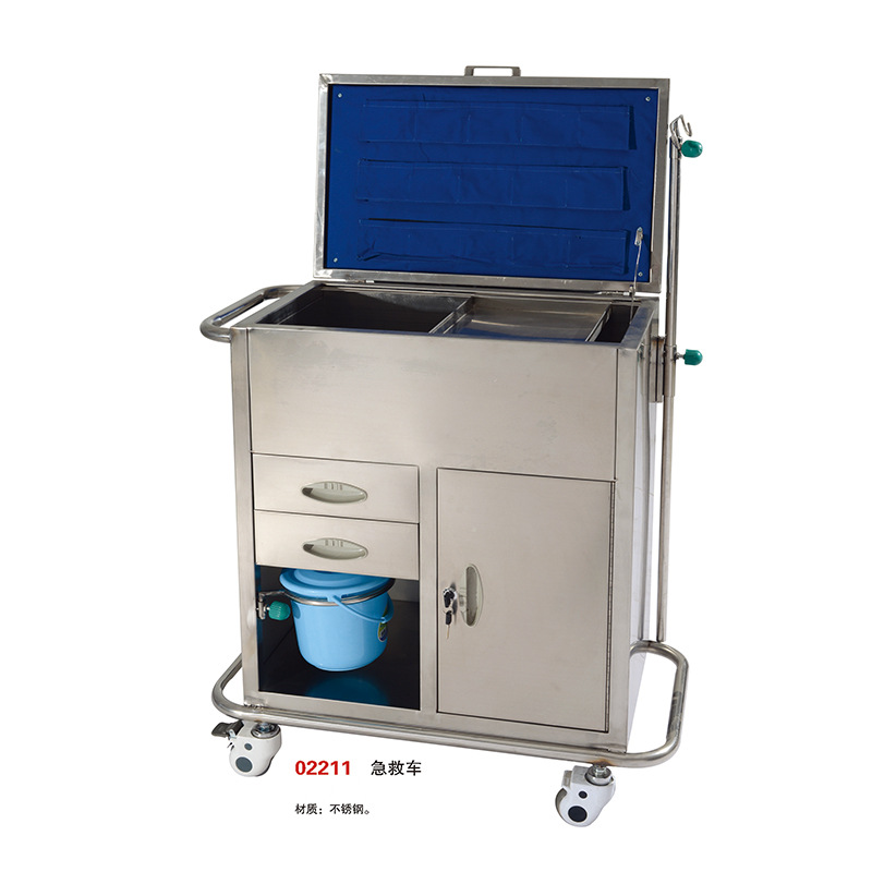 304#不锈钢抢救车医院推车器械车急救推车上翻盖药品送药车加厚型