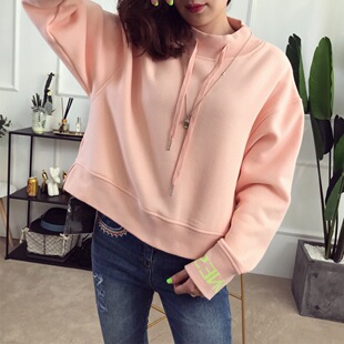 2018秋冬女装宽松立领荧光刺绣卫衣长袖橘粉色卫衣女纯棉套头外套