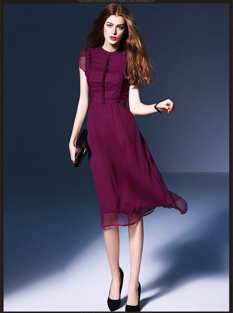 欧洲站高端大牌真丝连衣裙优质纯色桑蚕丝裙子修身气质女装中长款