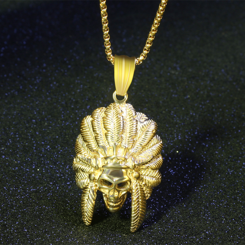 恶魔角骷髅印第安酋长街舞嘻哈钛钢吊坠 复古个性霸气不锈钢项链